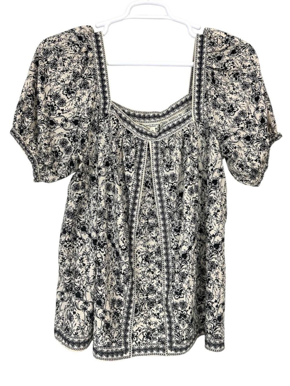 Max Studio Square Neck Puff Sleeve Blouse In Cream And Black - Picture 1 of 5